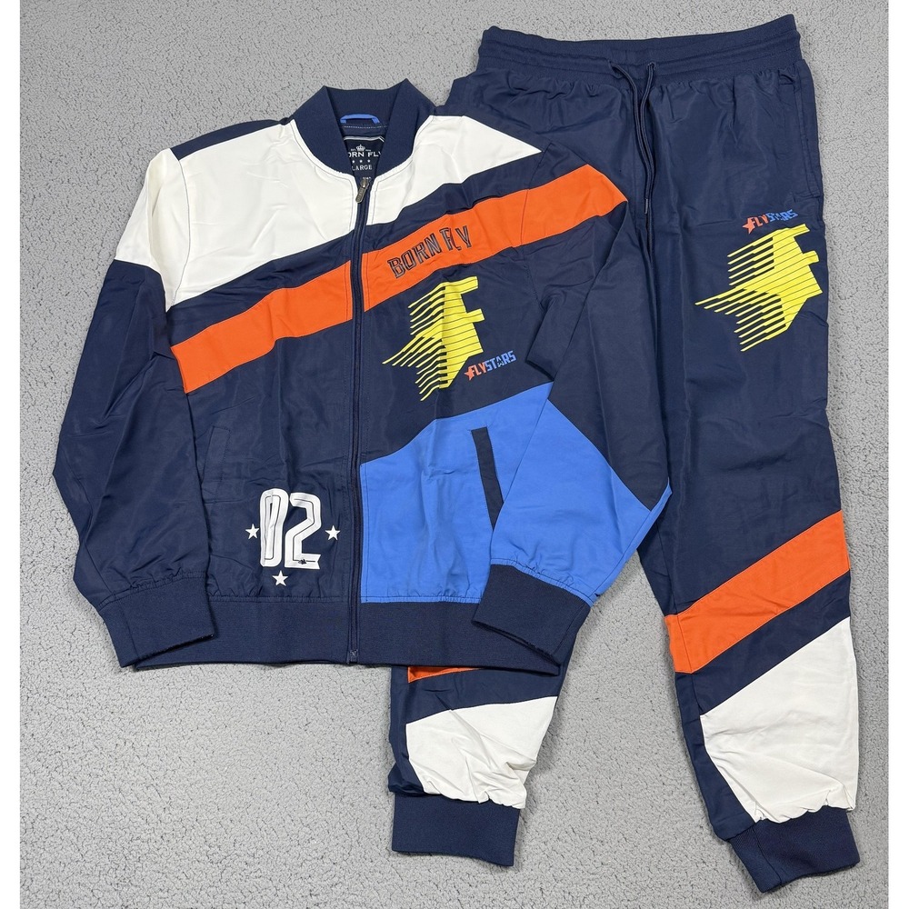 Born Fly Tracksuit Set Mens Large Navy Multicolor Colorblock Jacket Pants Logo